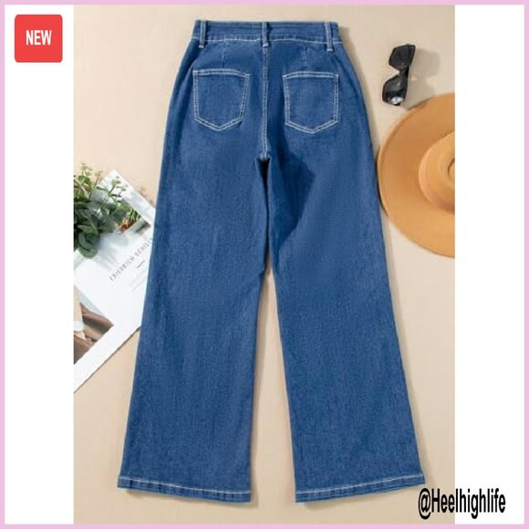Wide Leg High Waisted Stretch Denim Jeans Baggy Casual Pants - Picture 7 of 8